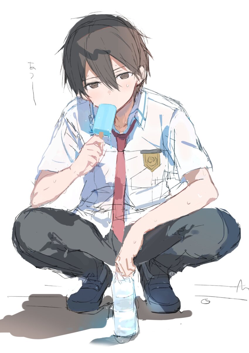 1boy absurdres black_eyes black_hair black_pants black_shoes bottle collared_shirt food highres holding holding_bottle holding_food holding_popsicle kirito looking_at_viewer male_focus necktie ogura_ari pants popsicle red_necktie shirt shoes short_sleeves simple_background sketch solo squatting sweat sword_art_online water_bottle white_background white_shirt