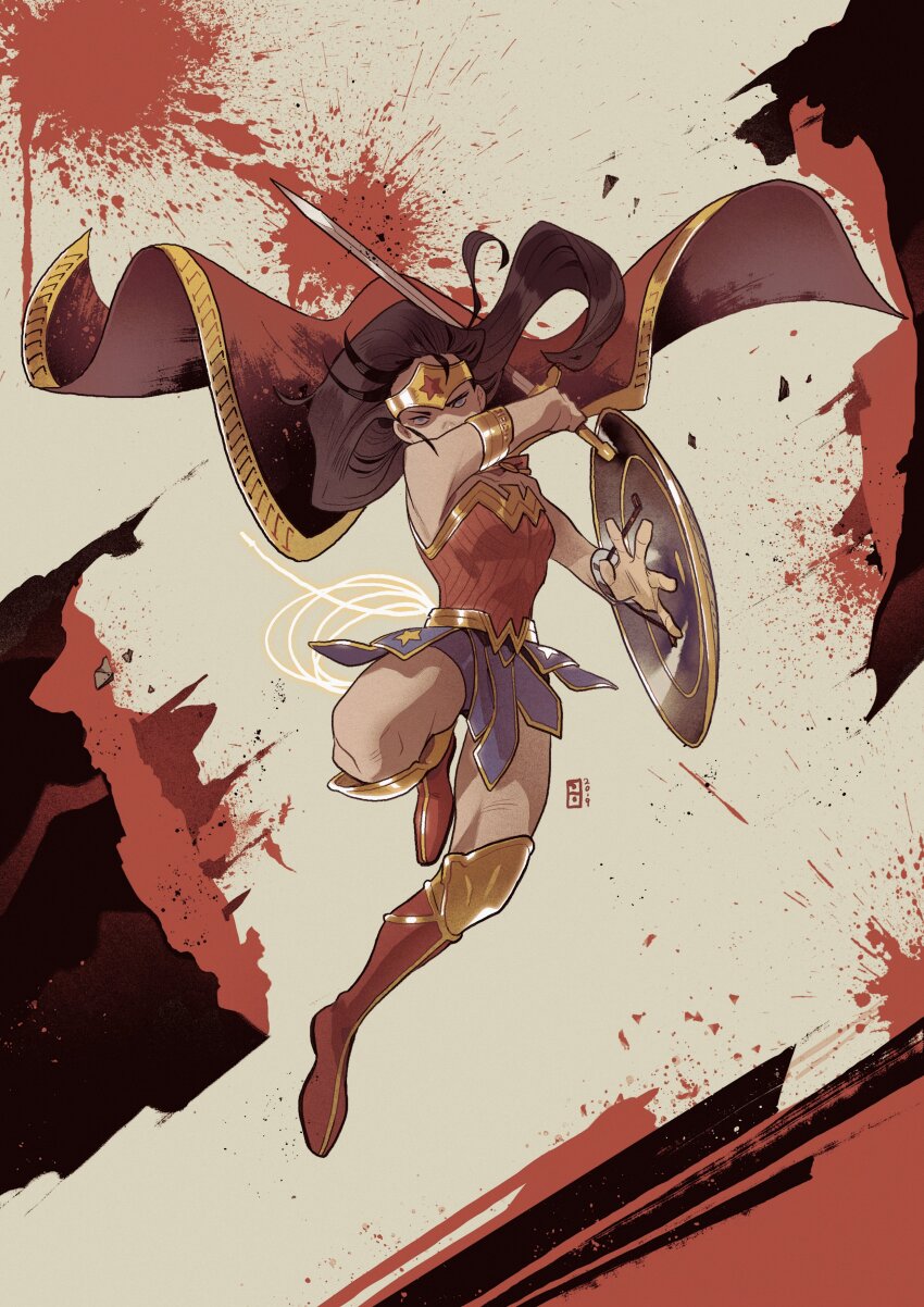 1girl absurdres black_hair blood boots cape circlet commentary_request dc_comics full_body highres holding holding_shield holding_sword holding_weapon korean_commentary long_hair looking_at_viewer shield solo splatter steelscarlet superhero_costume sword weapon wonder_woman wonder_woman_(series)