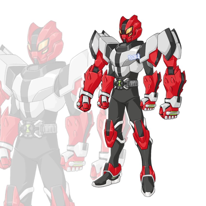 1boy alien armor belt ben_10 ben_10:_alien_force ben_10:_omniverse ben_10:_ultimate_alien ben_tennyson bodysuit breastplate compound_eyes extra_arms extra_eyes four_arms_(ben_10) helmet highres kamen_rider omnitrix orange_eyes rider_belt shoulder_armor solo spikes to_ze tokusatsu