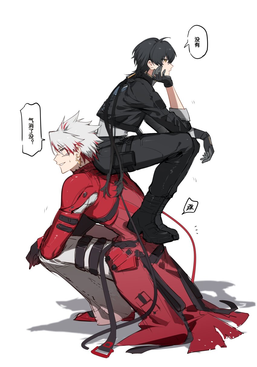 2boys :t absurdres black_boots black_gloves black_hair black_jacket black_pants boots coat colored_tips commentary ear_piercing earrings full_body gloves grey_hair hand_on_own_face hashtag-only_commentary head_rest highres jacket jewelry male_focus male_rover_(wuthering_waves) multicolored_hair multiple_boys nervous_sweating pants piercing pouch red_coat red_hair rover_(wuthering_waves) scar_(wuthering_waves) shirt short_hair_with_long_locks sitting sitting_on_shoulder smile speech_bubble squatting sweat teeth thigh_pouch thigh_strap translation_request watashi_wa_chibi white_background white_shirt wuthering_waves