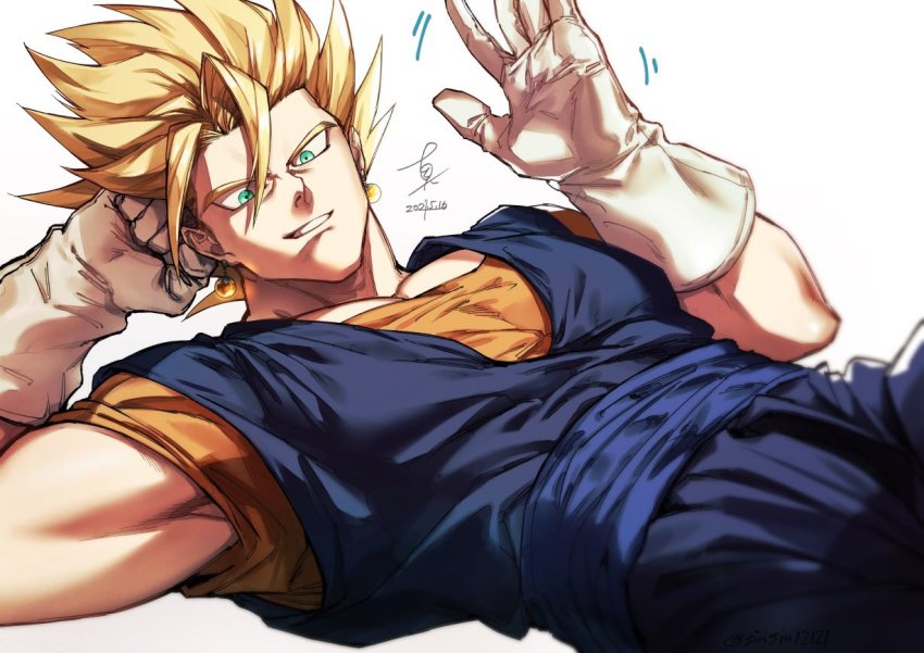 1boy blue_eyes dated dougi dragon_ball dragonball_z earrings gloves grin jewelry looking_at_viewer male_focus muscular muscular_male pectorals potara_earrings shin_(sinsin12121) signature simple_background smile solo spiked_hair super_saiyan vegetto waving white_background white_gloves