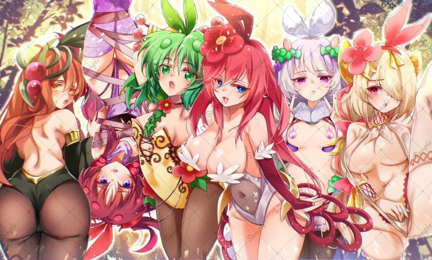 6+girls animal_ears ass az_(colorb05) black_leotard blonde_hair blue_eyes breasts brown_pantyhose covered_erect_nipples covered_navel detached_sleeves duel_monster fake_animal_ears flower green_eyes green_hair green_leotard hair_flower hair_ornament highres large_breasts leg_up leotard looking_at_viewer looking_back multiple_girls pantyhose playboy_bunny purple_eyes red_hair sample_watermark traptrix_allomerus traptrix_atypus traptrix_cularia traptrix_pinguicula traptrix_rafflesia traptrix_sera watermark white_hair yellow_leotard yu-gi-oh!
