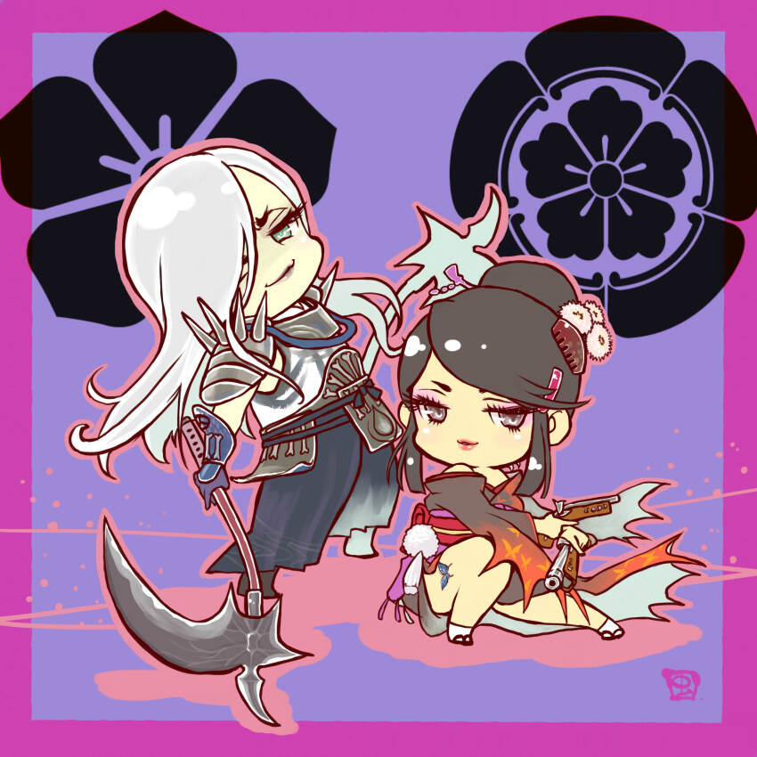 1boy 1girl absurdres akechi_mitsuhide_(sengoku_basara) armor bare_shoulders black_hair black_hakama black_kimono border butterfly_tattoo chibi chibi_only dual_wielding eyeshadow gloves green_eyes grey_eyes grey_lips gun hair_bun hair_ornament hair_over_one_eye hairclip hakama hakama_pants handgun highres holding holding_gun holding_scythe holding_weapon japanese_clothes kimono long_hair looking_at_viewer makeup mushimegane333 nouhime_(sengoku_basara) off_shoulder pants parted_lips pauldrons pink_border pink_eyeshadow pink_lips purple_background purple_gloves scythe sengoku_basara shoulder_armor sidelocks smile smirk spiked_pauldrons tattoo weapon white_hair