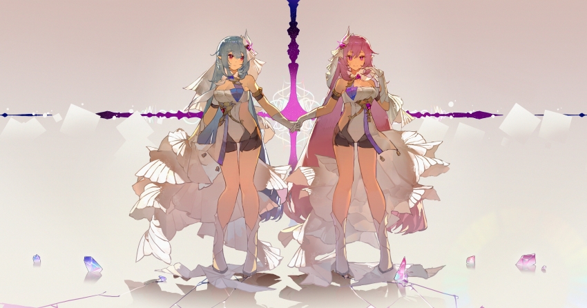 2girls absurdres bare_legs bare_shoulders blue_hair boots breasts bridal_veil cleavage clothing_cutout corset cosplay cross_background crystal_shards deawei elf elysia_(herrscher_of_human:_ego)_(honkai_impact) elysia_(herrscher_of_human:_ego)_(honkai_impact)_(cosplay) elysia_(honkai_impact) elysia_(honkai_impact)_(cosplay) full_body grey_background hair_between_eyes herrscher_of_corruption high_heel_boots high_heels highres holding_hands honkai_(series) honkai_impact_3rd large_breasts long_hair looking_at_viewer multiple_girls pink_eyes pink_hair pointy_ears red_eyes side_cutout thighs veil very_long_hair white_corset white_footwear white_veil