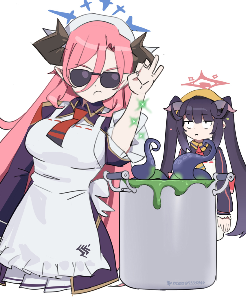 2girls apron black_hair black_shirt blue_archive breasts coat cooking_pot fuuka_(blue_archive) halo headscarf highres horns jitome juri_(blue_archive) long_hair long_sleeves medium_breasts meme multiple_girls nemo_(leafnight) pink_hair purple_coat salt_bae_(meme) shirt simple_background sun sunglasses tentacles twintails twitter_username upper_body white_background white_headscarf yellow_headscarf