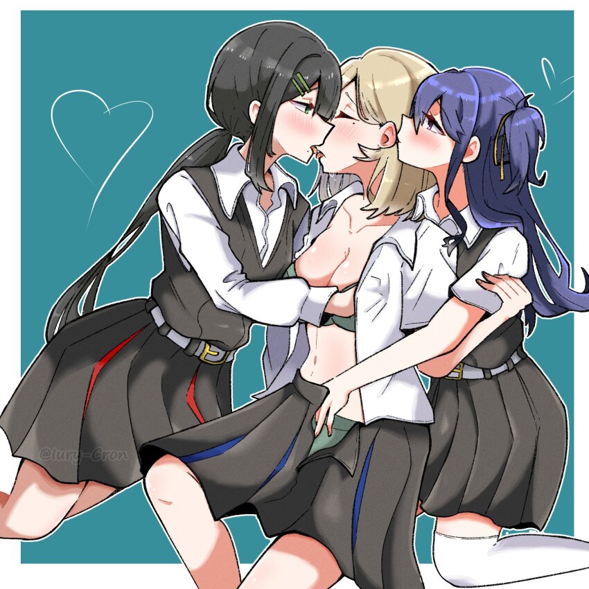 3girls artist_name belt black_hair blonde_hair blue_background blue_hair bra breasts closed_eyes collarbone commentary english_commentary fff_threesome french_kiss green_eyes group_sex hair_ornament hair_ribbon hairclip heart highres incest izumi_shiho kiss kissing_ear long_hair medium_breasts medium_hair mizuguchi_aki mizuguchi_miki mole mole_under_eye mole_under_mouth multiple_girls navel open_clothes open_shirt ponytail purple_eyes ribbon saliva sasayaku_you_ni_koi_wo_utau shimaidon_(sex) siblings side_ponytail simple_background sisters skirt threesome tongue underwear undressing_another very_long_hair yuri zombice