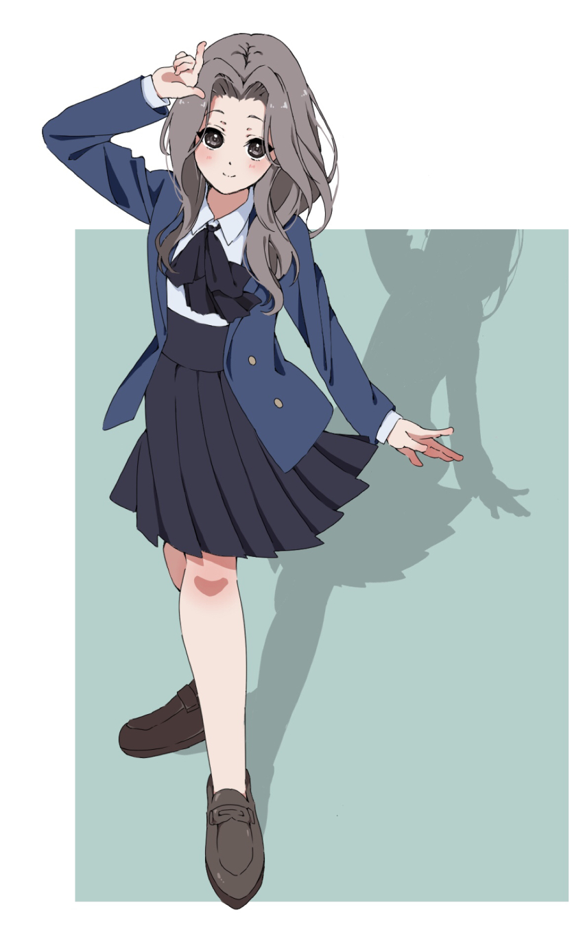 1girl 22/7 black_bow black_bowtie black_skirt blue_jacket blush bow bowtie brown_shoes closed_mouth collared_shirt from_above green_background grey_eyes grey_hair hair_intakes hand_on_own_head highres jacket loafers long_hair long_sleeves looking_at_viewer orihara_sumika parted_bangs pleated_skirt shirt shoes skirt smile solo standing tanpaku_(oqu_2) two-tone_background wavy_hair white_shirt