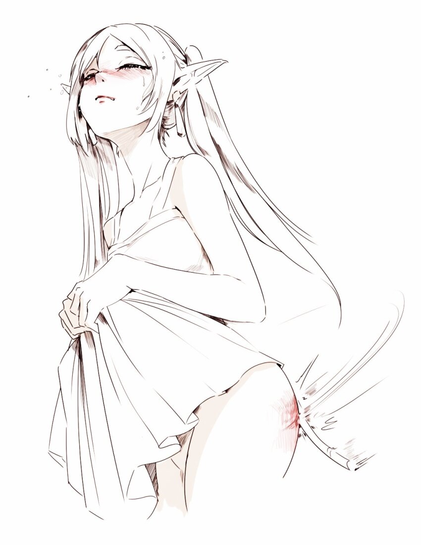 1girl 1other bare_shoulders blush caning collarbone commentary dress earrings elf english_commentary fireball_666 frieren highres jewelry long_hair meme monochrome pointy_ears simple_background sketch solo_focus sousou_no_frieren spanked spanking standing sweat tearing_up twintails unfinished upward_angle_frieren_drawing_(meme) white_background