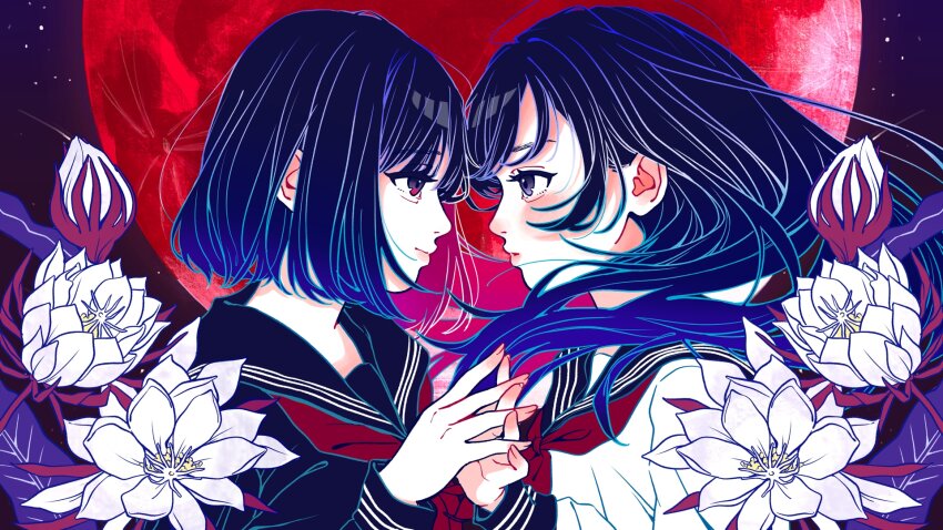 1girl black_eyes black_sailor_collar blush closed_mouth eyelashes fingernails flower full_moon gradient_hair highres leaf lips long_hair long_sleeves looking_at_another medium_hair moon mtirn3373 multicolored_hair neckerchief night night_sky original parted_lips profile red_eyes red_moon red_neckerchief sailor_collar school_uniform sky smile solo star_(sky) upper_body white_flower
