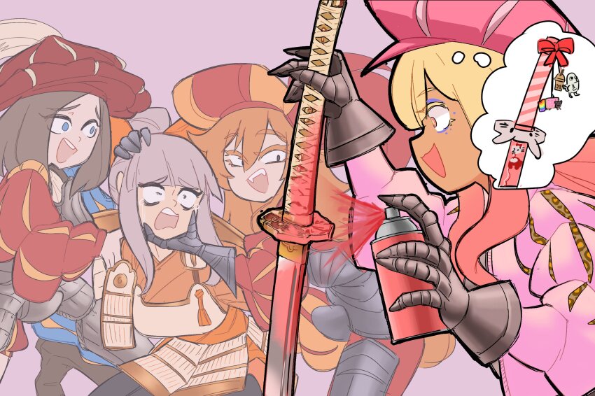 4girls :d amogus_girl armor blonde_hair bow brown_hair casino_(film) centurii-chan codpiece constricted_pupils crewmate_(among_us) dickbutt grabbing_another&#039;s_face gauntlets gyaru_landsknecht_(centurii-chan) hello_kitty_(character) highres hime_cut how_to_torture_an_italian_(meme) joe_pesci katana landsknecht_(centurii-chan) landsknecht_(ironlily) makeup multicolored_hair multiple_girls nyan_cat open_mouth original pauldrons red_bow red_hair samurai_(centurii-chan) scene_reference screaming shoulder_armor smile spray_can sword two-tone_hair weapon