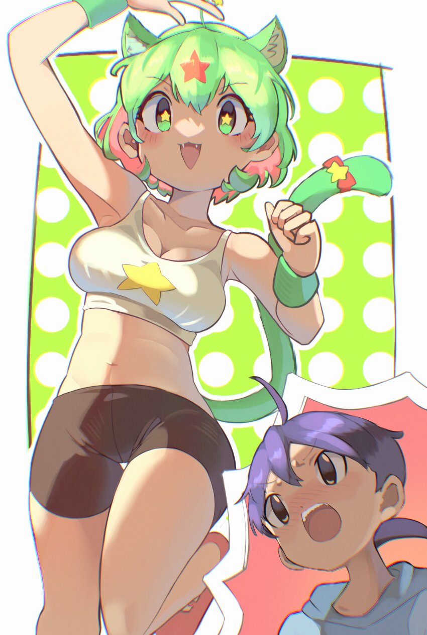 +_+ 1boy 1girl absurdres animal_ears black_eyes black_hair extra_ears green_eyes green_hair highres hinata_fuyuki hood hoodie hoshitori_kerin keroro keroro_gunsou looking_at_viewer navel osnmykk shoes short_hair shorts simple_background star_(symbol) tail tank_top wristband