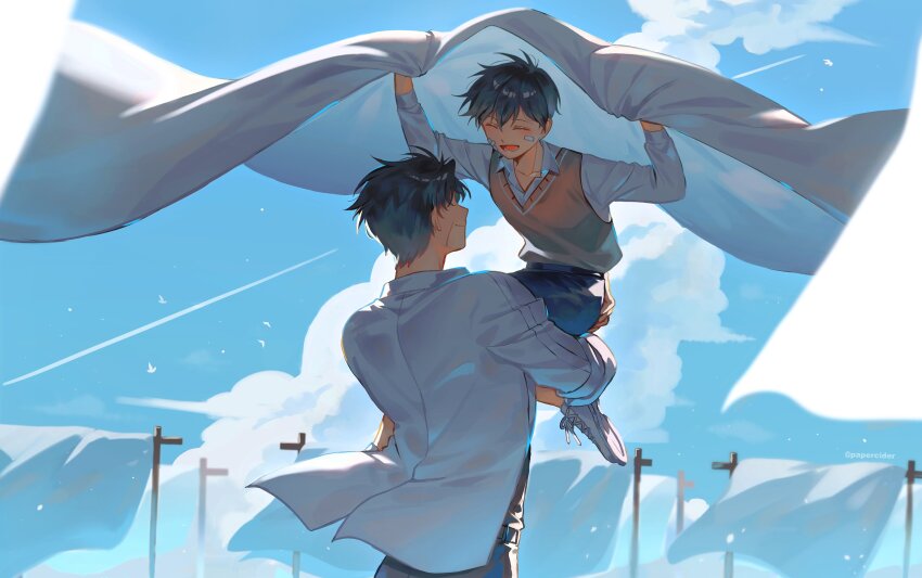 2boys absurdres black_hair blue_sky brown_sweater_vest closed_eyes cloud collared_shirt commentary english_commentary highres holding_cloth long_hair male_focus multiple_boys oldest_dream omniscient_reader&#039;s_viewpoint papercider scar scar_on_face secretive_plotter shirt short_hair sky sweater_vest very_short_hair white_shirt