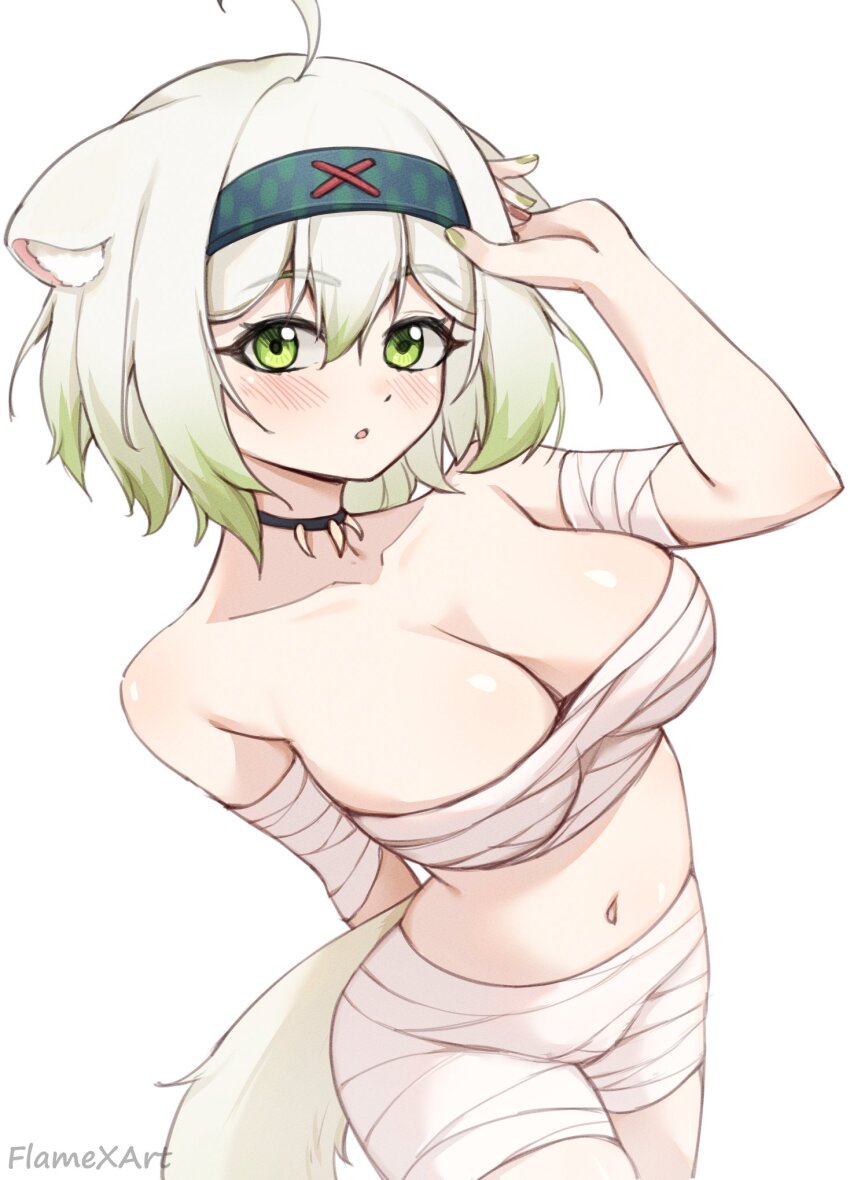 ahoge animal_ears armor artist_name bandaged_arm bandaged_chest bandages blush breasts chest_sarashi commentary ferret ferret_ears ferret_girl ferret_tail flamexart gradient_hair green_eyes green_hair green_nails hairband highres indie_virtual_youtuber jewelry laimu_(vtuber) laimu_(vtuber)_(huntress) large_breasts multicolored_hair necklace pink_nails sarashi scale_armor simple_background symbol-only_commentary tooth_necklace two-tone_hair vinesauce virtual_youtuber white_hair