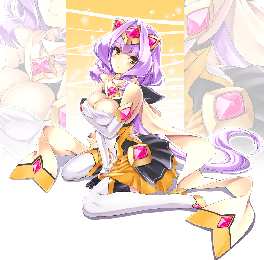 1girl absurdres azarin_(kouyoku_senki_exs-tia) bare_shoulders between_legs black_gloves boots breasts cleavage clothing_cutout elbow_gloves exs-tia_magica full_body gem gloves hair_intakes hand_between_legs highres inoino kouyoku_senki_exs-tia large_breasts long_hair looking_at_viewer magical_girl procreate_(medium) purple_hair scarf sitting skirt smile solo thigh_boots thighhighs very_long_hair wariza white_gloves white_thighhighs yellow_eyes zoom_layer