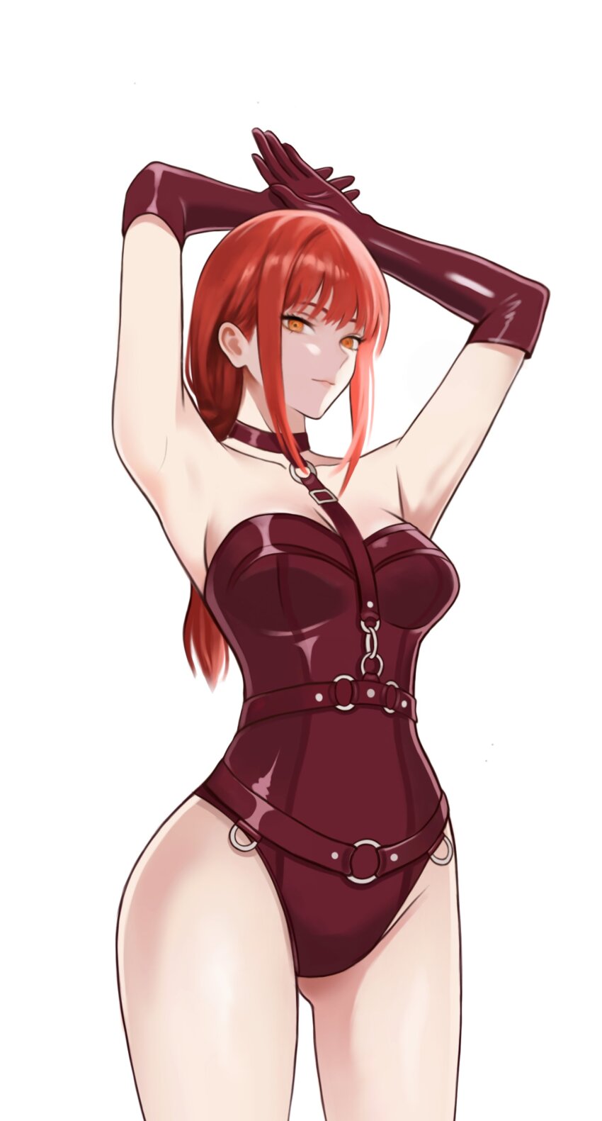 1girl absurdres alternate_costume armpits arms_up breasts chainsaw_man closed_mouth elbow_gloves gloves highleg highleg_leotard highres large_breasts leotard long_hair makima_(chainsaw_man) pcharlesart purple_gloves purple_leotard red_hair sidelocks simple_background solo white_background yellow_eyes