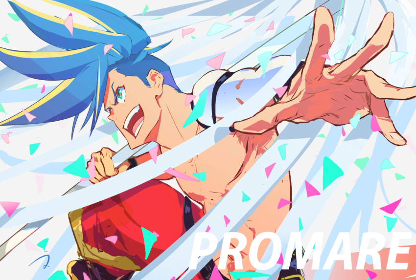 1boy blue_hair commentary confetti copyright_name galo_thymos green_hair holding holding_weapon male_focus matahei mohawk open_mouth pants promare red_pants red_pupils signature solo spiked_hair topless_male weapon