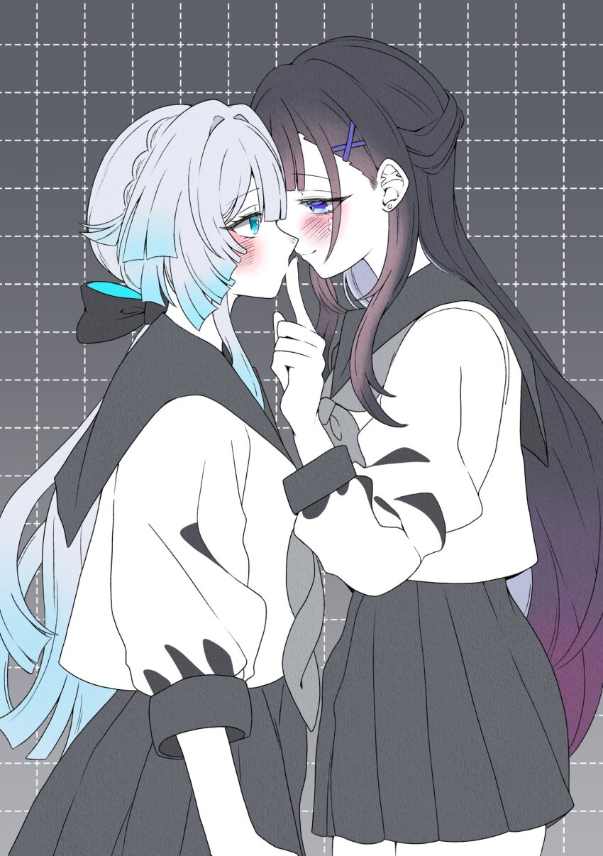 2girls black_hair black_sailor_collar black_skirt blue_eyes blue_streaks blush cerydra_(honkai:_star_rail) closed_mouth commentary_request earrings finger_to_another&#039;s_mouth grey_background grid_background highres honkai:_star_rail honkai_(series) hysilens_(honkai:_star_rail) jewelry kosame_0229 long_hair multiple_girls pleated_skirt ponytail purple_streaks sailor_collar school_uniform serafuku shirt skirt stud_earrings tears white_hair white_shirt yuri