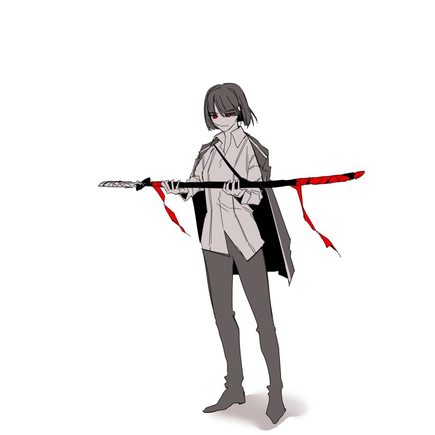 1girl black_hair highres holding holding_weapon jacket jacket_on_shoulders limbus_company nyak_138 project_moon red_eyes ryoshu_(project_moon) sad short_hair weapon