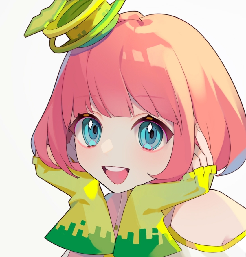 1girl bare_shoulders blue_eyes commentary fingerless_gloves gloves hat heridy kamen_rider kamen_rider_ex-aid_(series) looking_at_viewer open_mouth pink_hair poppi_pipopapo short_hair smile solo