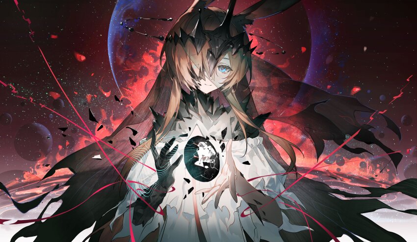 absurdres amiya_(arknights) amiya_(demon_king)_(arknights) animal_ears arknights blue_eyes brown_hair chinese_commentary commentary_request crown dress egg gradient_background hair_over_one_eye hands_up highres long_hair looking_at_viewer magic material_growth multiple_moons oripathy_lesion_(arknights) rabbit_ears red_background smile star_(sky) torn_clothes upper_body veil white_background white_dress wu_tang_qishui_zhuanying_dian