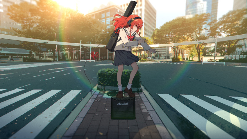 1girl absurdres amplifier black_skirt blurry blurry_background bocchi_the_rock! bow bowtie brown_sailor_collar brown_shirt buttons cable city commentary crosswalk dancing day depth_of_field expressionless film_grain floating_hair full_body guitar_case headphones hedge highres instrument_case instrument_on_back jl_tan kita_ikuyo lens_flare loafers long_hair long_sleeves looking_down looking_to_the_side loose_socks multi-lane_road outdoors outstretched_arm pleated_skirt profile rainbow real_world_location red_bow red_bowtie red_hair road sailor_collar school_uniform serafuku shade shinjuku_(tokyo) shirt shoes shuka_high_school_uniform skirt socks solo standing_on_object street sun sunlight toe tokyo_(city) traffic_light tree white_socks yellow_eyes