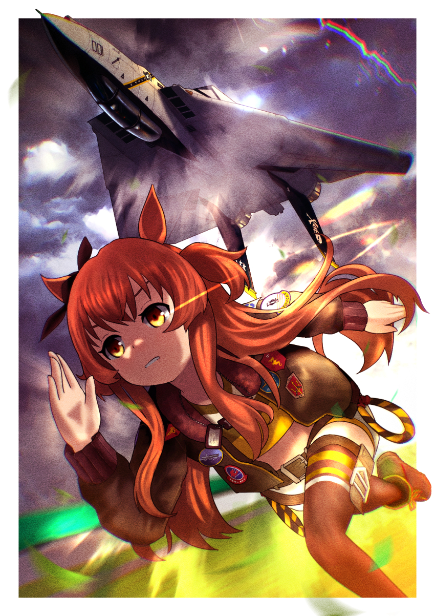 1girl aircraft airplane animal_ears black_thighhighs bomber_jacket bow dog_tags ear_bow f-14_tomcat fighter_jet green_jacket highres horse_ears horse_girl jacket mayano_top_gun_(umamusume) midriff military_vehicle orange_eyes running solo thighhighs timmyyen two_side_up umamusume