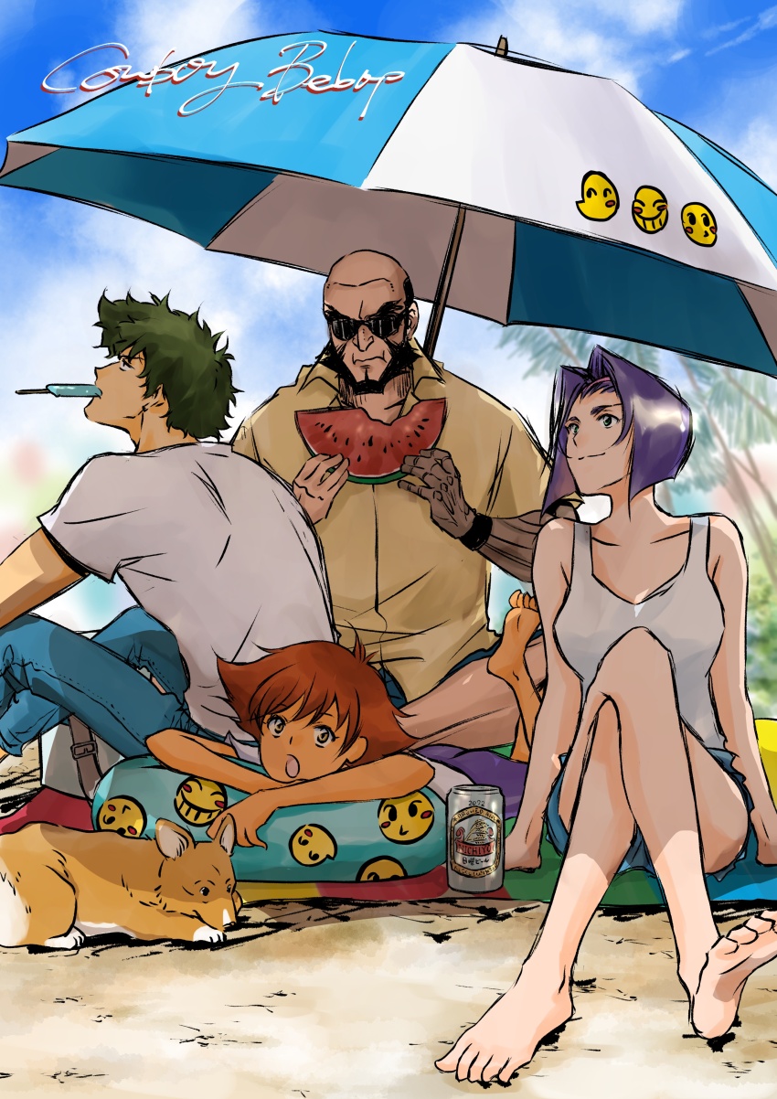 2boys 2girls :o absurdres arm_support ass bald bare_shoulders barefoot beach beach_towel beach_umbrella beard beer_can bike_shorts black_hair blue_pants blue_shorts blue_sky blunt_ends bob_cut breasts brown_dog brown_eyes can closed_mouth cloud collarbone collared_shirt copyright_name cowboy_bebop crossed_legs dark-skinned_female dark_skin denim dog drink drink_can eating edward_wong_hau_pepelu_tivrusky_iv ein_(cowboy_bebop) facial_hair faye_valentine foliage food food_bite food_in_mouth fruit full_body green_eyes green_hair hair_intakes hairband highres holding holding_food holding_fruit holding_watermelon innertube inverted_bob jeans jet_black knees_up large_breasts light_smile lying mechanical_arms messy_hair mouth_hold multiple_boys multiple_girls muscular muscular_male on_ground on_stomach open_mouth palm_tree pants pink_hairband popsicle popsicle_in_mouth purple_hair purple_shorts red_hair sand shirt short_hair short_shorts short_sleeves shorts single_mechanical_arm skirt sky sleeveless soles spike_spiegel sunglasses swim_ring t-shirt tank_top tobalin toe_scrunch toes tomboy towel tree umbrella watermelon watermelon_slice welsh_corgi white_shirt white_tank_top yellow_skirt