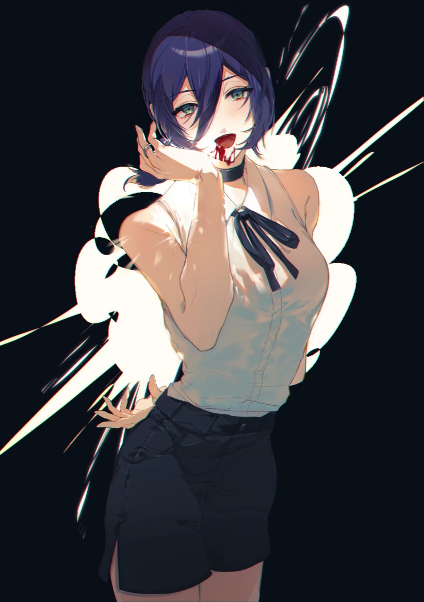 1girl absurdres arms_behind_back bare_shoulders black_background black_hair black_ribbon black_shorts blood blood_on_face chainsaw_man collared_shirt commentary explosion green_eyes grenade_pin hair_between_eyes hand_up highres long_hair_between_eyes looking_at_viewer medium_hair mizutani_(zattany) neck_ribbon open_mouth reze_(chainsaw_man) ribbon shirt shirt_tucked_in shorts simple_background sleeveless sleeveless_shirt solo standing white_shirt