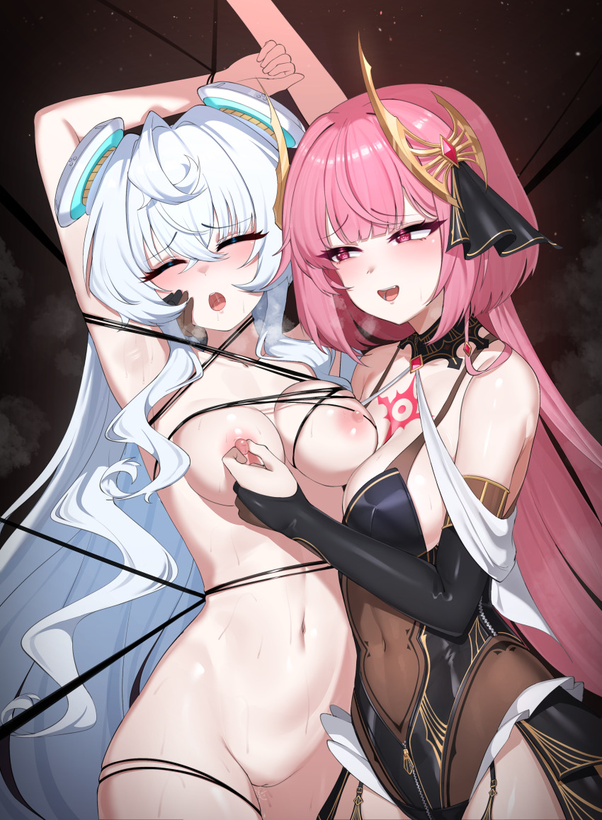 2girls absurdres ahoge armpit_crease armpits arms_up bdsm belly black_background black_leotard black_thighhighs blue_hair blush bondage boots bound bound_arms bound_legs bound_torso breasts breasts_out breath chest_tattoo cleavage clenched_teeth closed_eyes clothed_female_nude_female clothes_disappearing clothing_cutout collared_leotard counter:side covered_navel crest crossed_bangs dark_background detached_collar detached_sleeves disappearing_clothes drooling elbow_gloves female_focus fingerless_gloves garter_straps gloves glowing_clothes gold gold_trim grabbing_another&#039;s_breast grabbing_another&#039;s_nipples groping groping_breast hair_between_eyes hair_ornament hair_ribbon highleg highleg_leotard highres horizon_(counter:side) large_breasts legs legs_together leotard lewd_crest long_hair looking_at_another looking_to_the_side molestation multiple_girls navel nipple_stimulation nipples nude one_breast_out open_mouth p03145 partially_fingerless_gloves pink_hair pussy pussy_juice red_background red_eyes restrained revealing_clothes ribbon saliva saliva_trail seductive_gaze seductive_smile see-through_clothes see-through_leotard shena_(counter:side) sidelocks simple_background skin_tight skindentation smile steam steaming_body sweat sweatdrop tattoo teeth thigh_boots thighhighs thighs tongue very_long_hair wince yuri