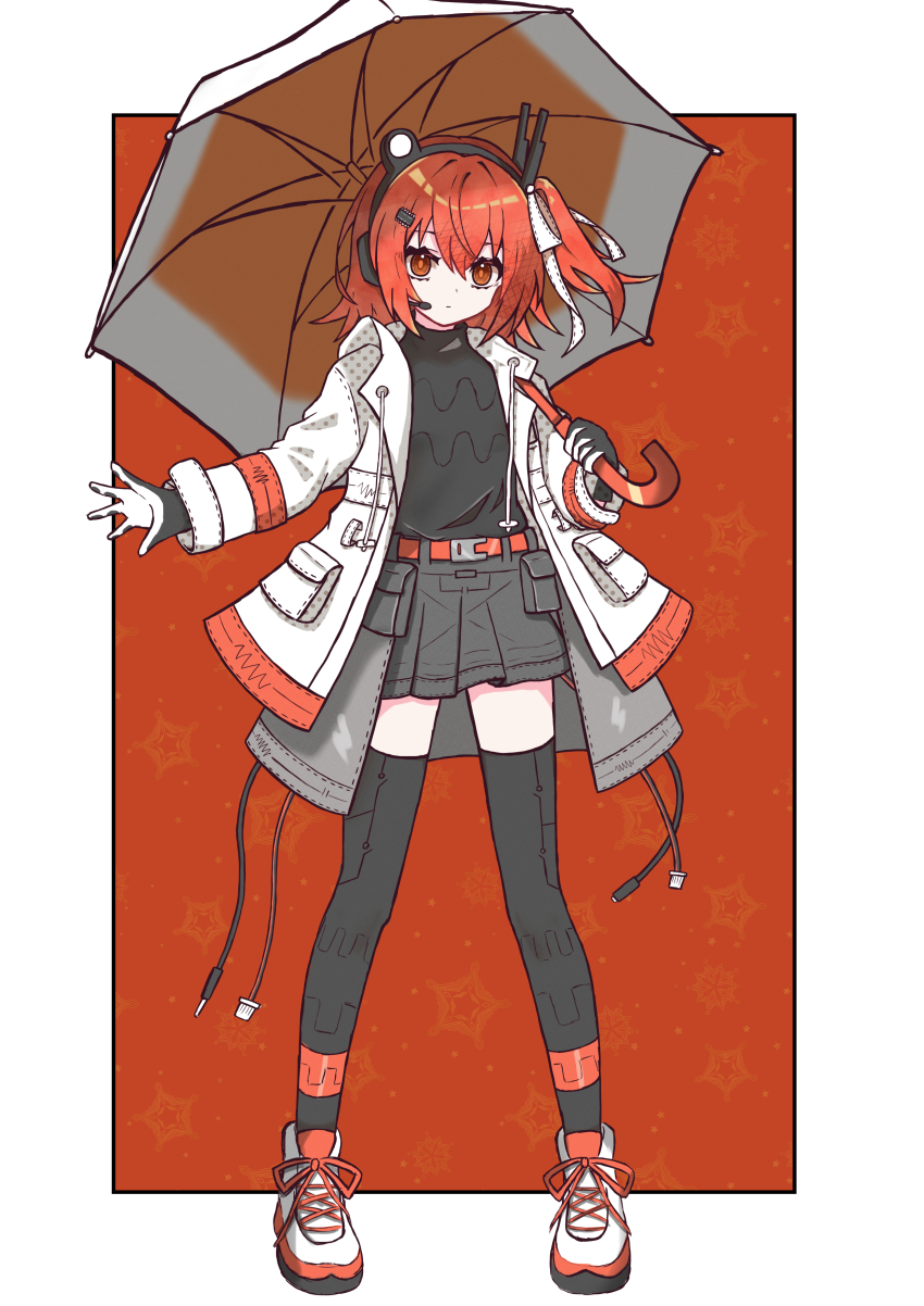 1girl a.i._voice absurdres adachi_rei antenna_hair audio_cable audio_jack belt belted_skirt black_gloves black_shirt black_skirt black_thighhighs border cable coat commentary_request computer_chip drawstring flat_chest gloves hair_between_eyes hair_ornament hair_ribbon headphones headset highres holding holding_umbrella hood hood_down hooded_coat legs_apart medium_hair noir_(noire6959) one_side_up open_clothes open_coat orange_background orange_belt orange_eyes orange_hair outside_border ribbon robot_girl shirt sidelocks skirt solo standing thighhighs turtleneck turtleneck_shirt two-tone_gloves umbrella utau white_border white_coat white_footwear white_gloves white_ribbon