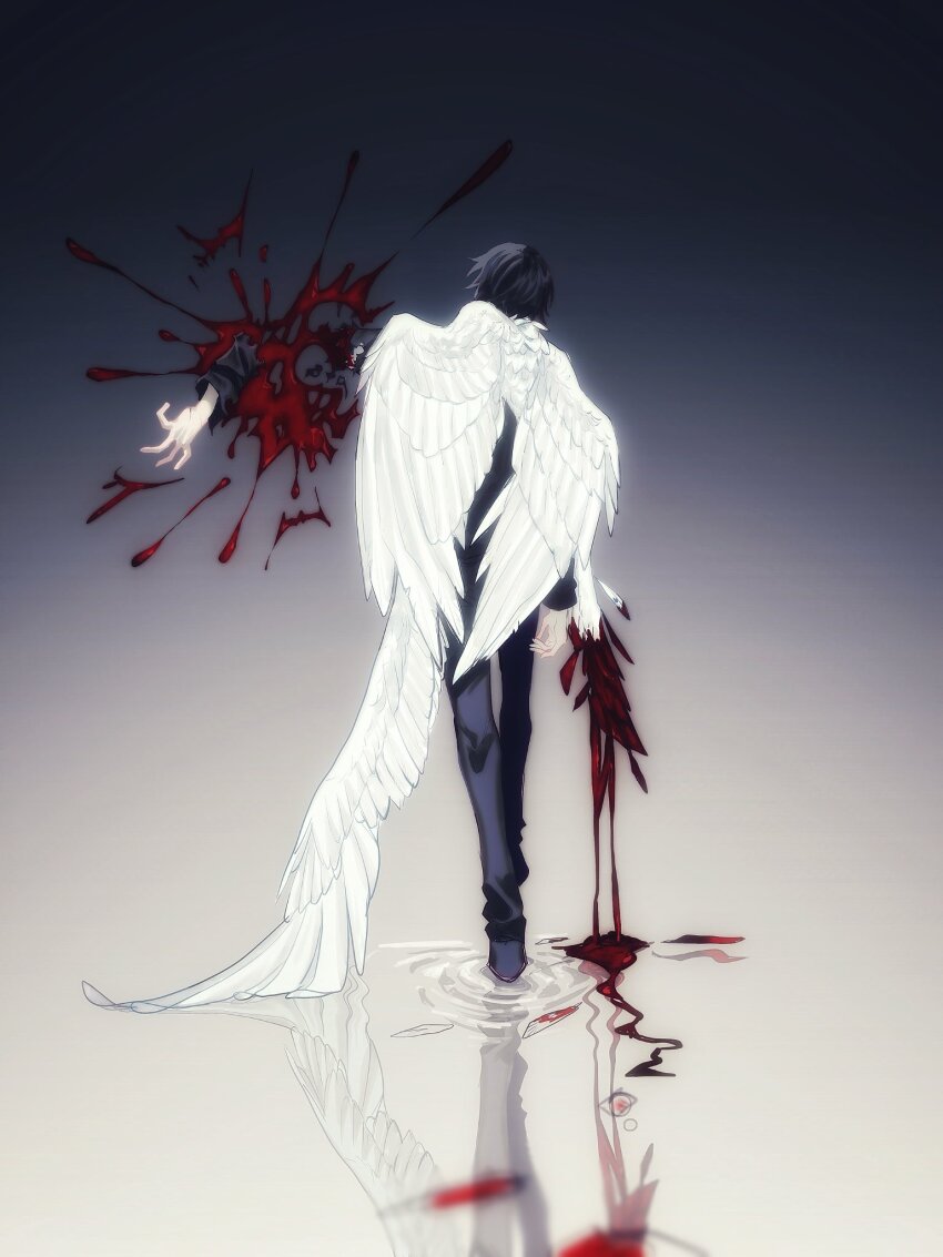 1boy black_hair blood chino_(sky_tanosi) feathered_wings from_behind full_body gradient_background highres indoors male_focus multiple_wings original reflection reflective_water ripples severed_arm severed_limb short_hair solo walking water white_wings wings