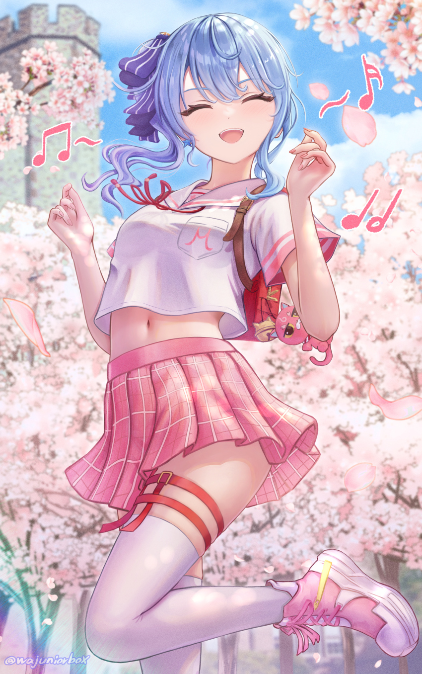 1girl absurdres alternate_costume backpack bag blue_hair breast_pocket breasts cherry_blossoms closed_eyes commentary cosplay crop_top crop_top_overhang day facing_viewer gradient_hair hair_ribbon hands_up highres hololive hoshimachi_suisei leg_up long_hair midriff miniskirt multicolored_hair musical_note navel open_mouth outdoors pink_shoes pink_skirt plaid_clothes plaid_skirt pleated_skirt pocket randoseru revision ribbon sailor_collar sakura_miko sakura_miko_(cosplay) sakura_miko_(school_uniform) school_uniform serafuku shirt shoes short_sleeves side_ponytail skirt sky smile sneakers solo stomach thigh_strap thighhighs virtual_youtuber wajuniorbox white_shirt white_thighhighs zettai_ryouiki