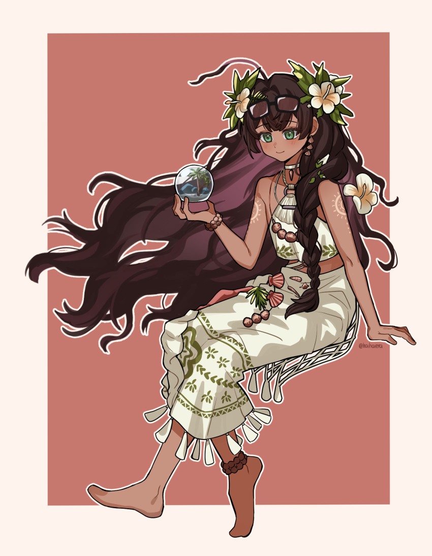 1girl ahoge arm_support barefoot blue_eyes border bow bracelet brown_hair dark-skinned_female dark_skin eyewear_on_head fatutu flower full_body haihaiera hair_flower hair_ornament hand_up highres holding holding_snow_globe invisible_chair jewelry leaf_hair_ornament long_hair long_skirt midriff necklace outside_border red_bow reverse:1999 shell shell_necklace shirt shoulder_tattoo sitting skirt sleeveless sleeveless_shirt smile snow_globe solo sunglasses tattoo very_long_hair white_flower white_shirt white_skirt yellow_border