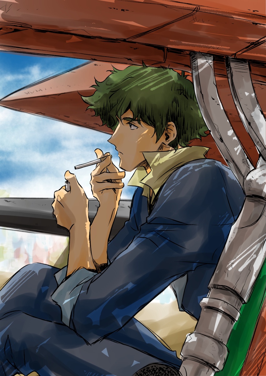 1boy absurdres blue_sky cigarette closed_mouth cloud cloudy_sky cowboy_bebop expressionless green_hair highres holding holding_cigarette light necktie shadow shirt sitting sky solo spike_spiegel spiked_hair swordfish_ii tobalin yellow_shirt