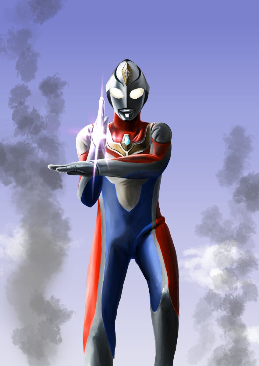 1boy absurdres alien armor battle blue_skin blue_sky breastplate cloud cloudy_sky color_timer colored_skin commentary compound_eyes day dorsal_fin energy feet_out_of_frame flash_type_(ultra_series) forehead_jewel gattyo glowing glowing_eyes hands_up highres leg_up looking_down male_focus midair multicolored_skin outdoors red_skin silver_skin sky smoke smoke_trail solo tokusatsu ultra_beam ultra_series ultraman_dyna ultraman_dyna_(flash_type) ultraman_dyna_(series) ultraman_tiga_&amp;_ultraman_dyna:_hikari_no_hoshi_no_senshi-tachi white_eyes wrinkled_skin