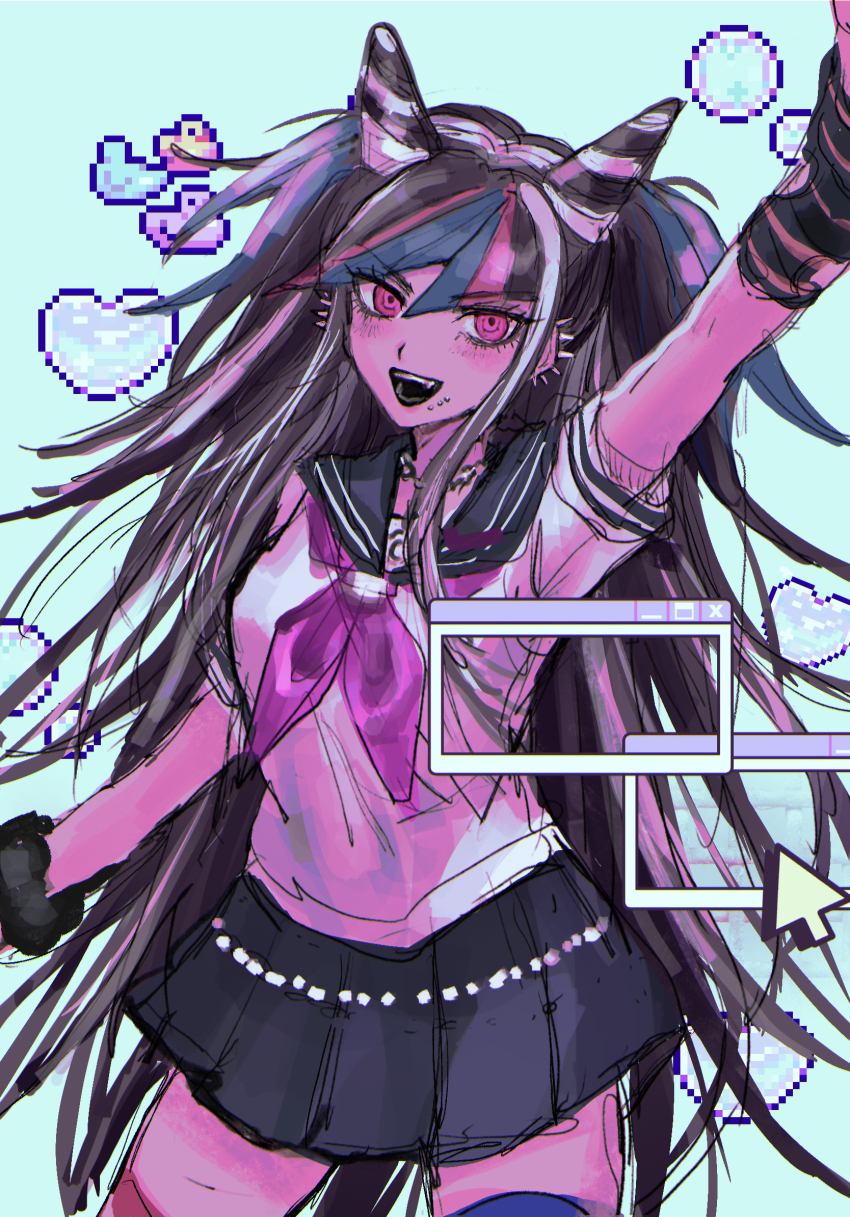 1girl aqua_background arm_up black_hair black_sailor_collar blue_hair blush cursor danganronpa_(series) danganronpa_2:_goodbye_despair ear_piercing eyelashes gloves hair_horns heart highres jewelry jidaraku_(jdrk_666) lip_piercing long_hair looking_at_viewer mioda_ibuki mouth_piercing multicolored_hair neckerchief open_mouth piercing pink_eyes pink_hair pink_neckerchief pixel_heart sailor_collar scene_fashion school_uniform scrunchie serafuku shirt short_sleeves skirt smile solo striped_clothes striped_gloves suposupo_(supodori) teeth thighhighs white_hair window_(computing) wrist_scrunchie