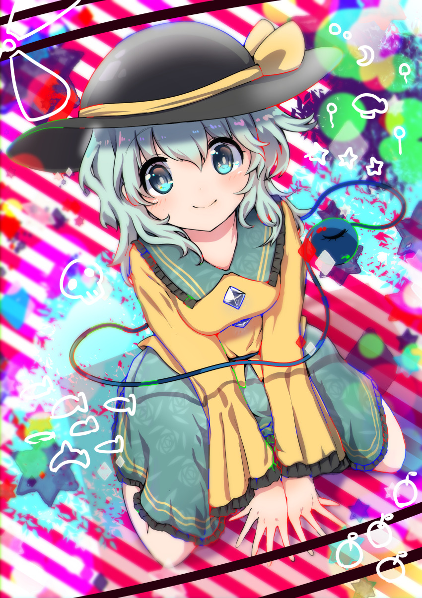 1girl abstract_background absurdres between_legs black_hat blush boots buttons closed_mouth fish floral_print frilled_shirt_collar frilled_skirt frilled_sleeves frills full_body gem green_eyes green_skirt hand_between_legs hat hat_ribbon heart highres komeiji_koishi long_sleeves looking_at_viewer radiation_symbol rapameri ribbon rose_print shirt shoes short_hair sitting skirt skull smile solo sparkle striped_background third_eye touhou wariza white_hair wide_sleeves yellow_shirt