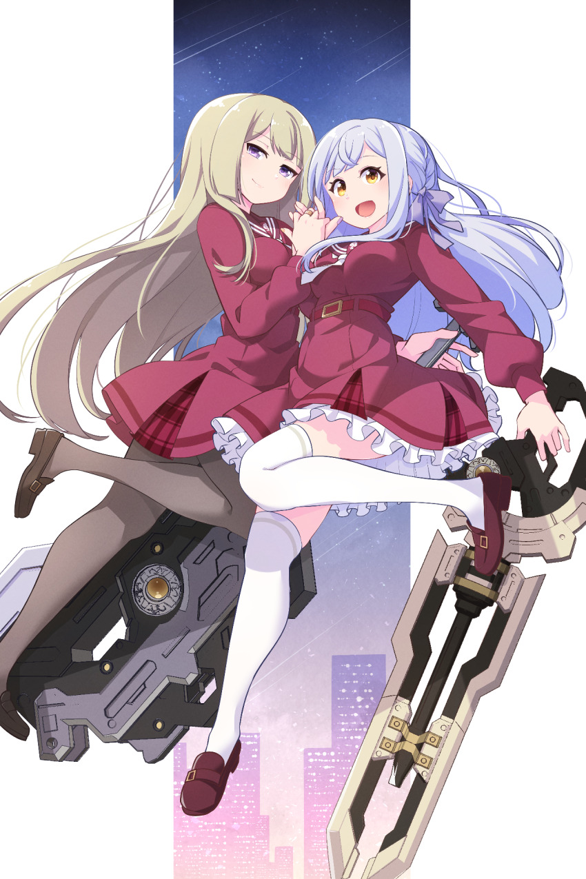 2girls :d assault_lily belt belt_buckle blonde_hair blunt_bangs braid breasts brown_footwear brown_pantyhose brown_sailor_collar buckle building city closed_mouth floating_hair frilled_skirt frills grey_hair hair_ribbon hand_up high-waist_skirt highres holding holding_hands holding_weapon interlocked_fingers jewelry kanba_girls_high_school_uniform kon_kanaho leg_up loafers long_hair long_sleeves looking_at_viewer medium_breasts miniskirt miyagawa_takane morugen multiple_girls necktie night open_mouth outdoors outside_border pantyhose pillarboxed plaid_clothes plaid_skirt purple_eyes purple_ribbon red_belt red_shirt red_skirt ribbon ring sailor_collar school_uniform serafuku shirt shoes short_necktie side_braid sidelocks skirt smile standing standing_on_one_leg star_(sky) thighhighs very_long_hair wavy_hair weapon white_necktie white_thighhighs yellow_eyes zettai_ryouiki