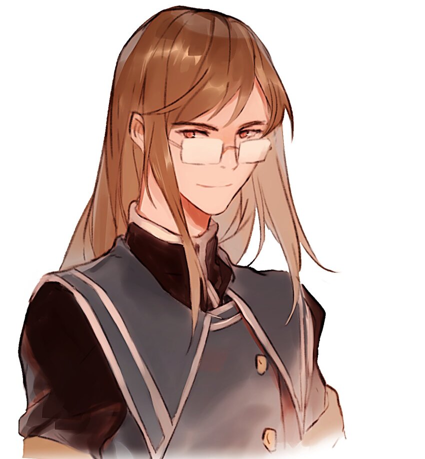 1boy black_shirt blue_vest brown_eyes brown_hair buttons closed_mouth collared_shirt commentary english_commentary escente glasses hair_intakes highres jade_curtiss long_hair looking_to_the_side male_focus parted_bangs rectangular_eyewear shirt short_sleeves sideways_glance simple_background smile solo tales_of_(series) tales_of_the_abyss upper_body very_long_hair vest white_background