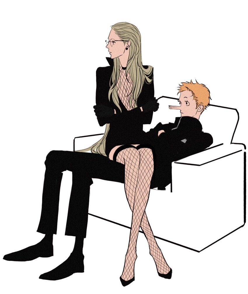 1boy 1girl black_dress black_gloves blonde_hair commentary_request dress earrings fishnet_thighhighs fishnet_top fishnets full_body gloves highres jewelry kaku_(one_piece) kalifa_(one_piece) long_hair long_nose one_piece orange_hair popsweetyio short_hair sitting sitting_on_person thighhighs