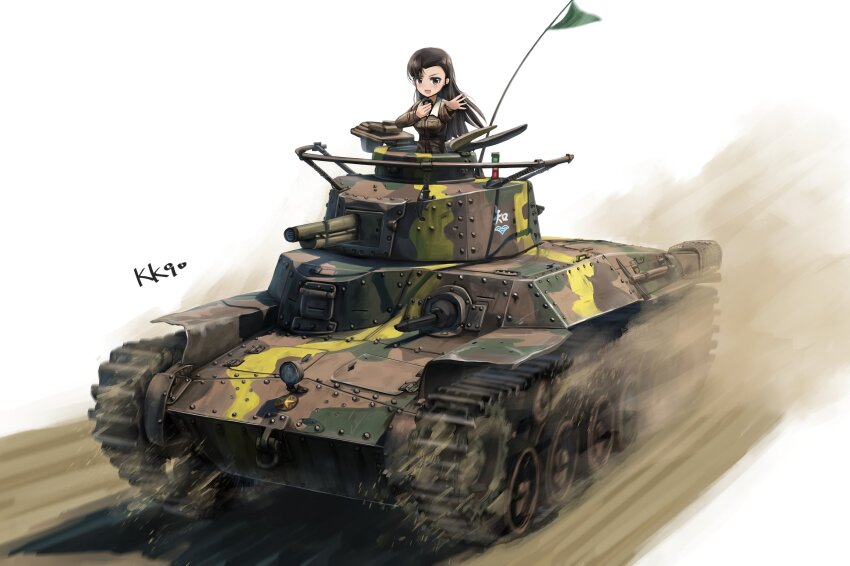1girl absurdres black_hair brown_jacket camouflage chi-hatan_(emblem) chi-hatan_military_uniform driving emblem girls_und_panzer highres jacket kk90 long_hair military military_vehicle motor_vehicle nishi_kinuyo solo tank type_97_chi-ha vehicle_focus white_background