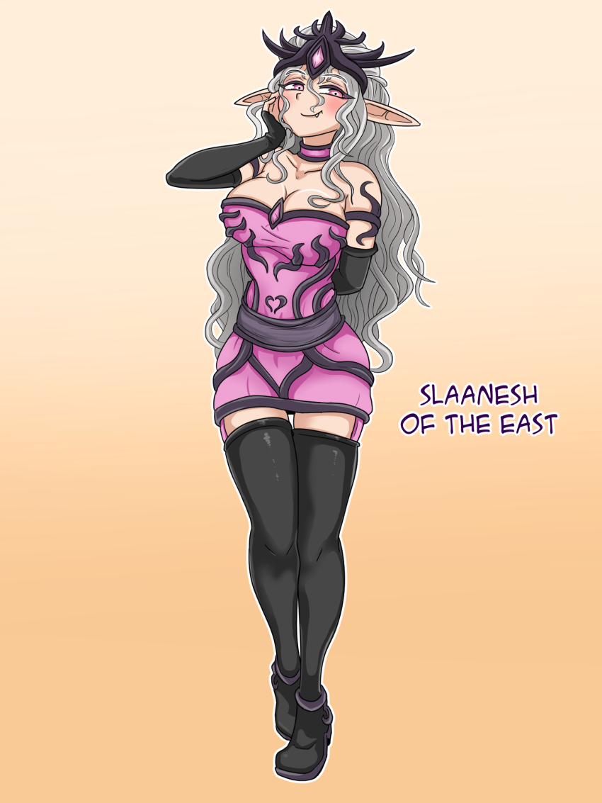 1girl black_boots black_gloves blush boots breasts chaos_(warhammer) character_name cleavage closed_mouth covered_erect_nipples crown demon_girl dress elbow_gloves elven_ears fang full_body gloves grey_hair hand_on_own_cheek hand_on_own_face highres idiot_of_the_east large_breasts long_boots long_glove long_hair looking_at_viewer miniskirt orange_background outline pink_dress pink_eyes pointy_ears simple_background skirt slaanesh solo strapless strapless_dress thigh_boots warhammer_40k warhammer_fantasy wavy_hair white_hair white_outline
