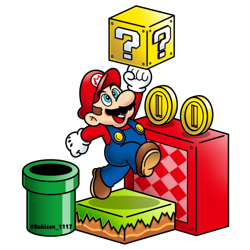?_block block_(object) coin facial_hair grass hat highres industrial_pipe mario mario_(series) mustache nintendo overalls platform rukisan_1117 shirt shoes