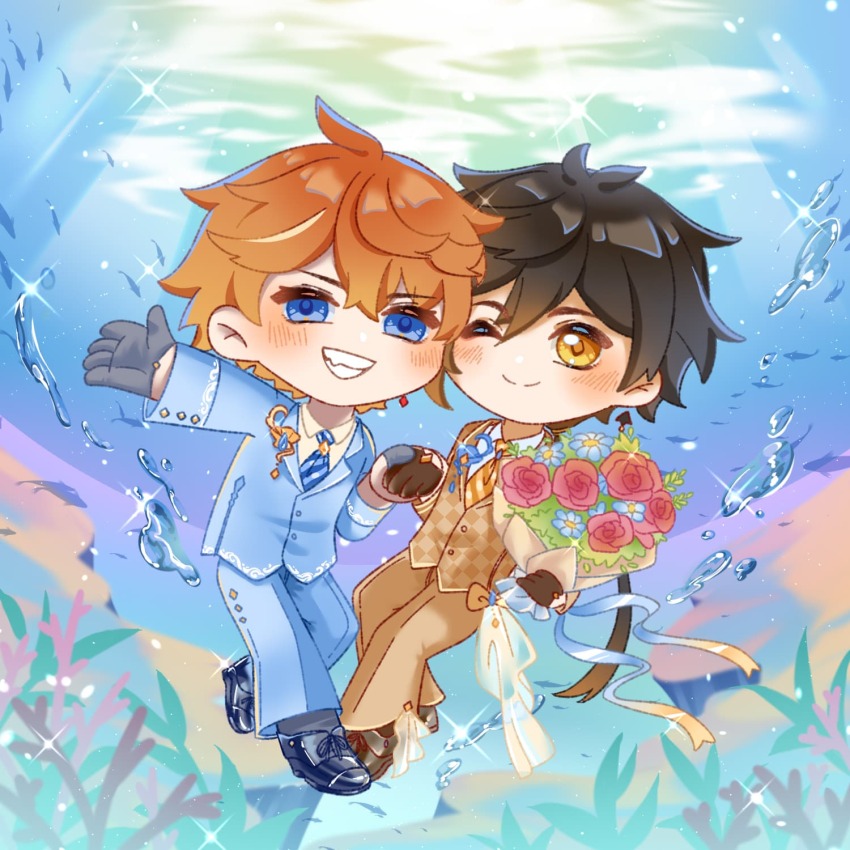 2boys alternate_costume blush bouquet dimples flower genshin_impact guwangyanzhi highres holding holding_bouquet multiple_boys ocean one_eye_closed seafloor smile tartaglia_(genshin_impact) underwater water wink yaoi zhongli_(genshin_impact)