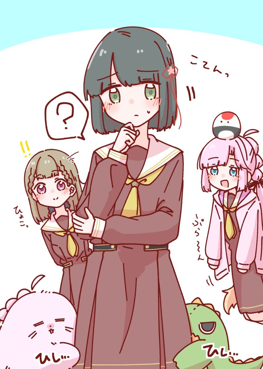 3girls :d =_= ? ahoge animal animal_on_head animalization anyoji_hime bird bird_on_head black_ribbon blonde_hair blue_eyes blunt_bangs blunt_ends blunt_sidelocks blush bob_cut braid brown_dress brown_hair center-flap_bangs closed_mouth commentary_request detached_ahoge dinosaur dress dual_persona flower flower_knot gonzales_(love_live!) hair_flower hair_ornament hair_ribbon hand_on_own_chin hand_on_own_elbow hasu_no_sora_school_uniform highres hood hooded_jacket hugging_another&#039;s_leg jacket kachimachi_kosuzu link!_like!_love_live! long_hair long_sleeves looking_at_another love_live! medium_dress momiji_(moj_0404) momose_ginko motion_lines multi-tied_hair multicolored_hair multiple_girls neckerchief on_head open_clothes open_jacket open_mouth person_and_animalization pink_eyes pink_flower pink_hair pink_jacket pleated_dress ponytail ribbon sailor_collar sailor_dress school_uniform seal_(animal) short_hair side_braids sidelocks simple_background sleeves_past_wrists smile speed_lines split_mouth spoken_question_mark standing stuffed_animal stuffed_bird stuffed_toy sweatdrop translation_request tsuru_(love_live!) two-tone_hair v-shaped_eyes very_long_hair virtual_youtuber white_background white_sailor_collar winter_uniform yellow_neckerchief