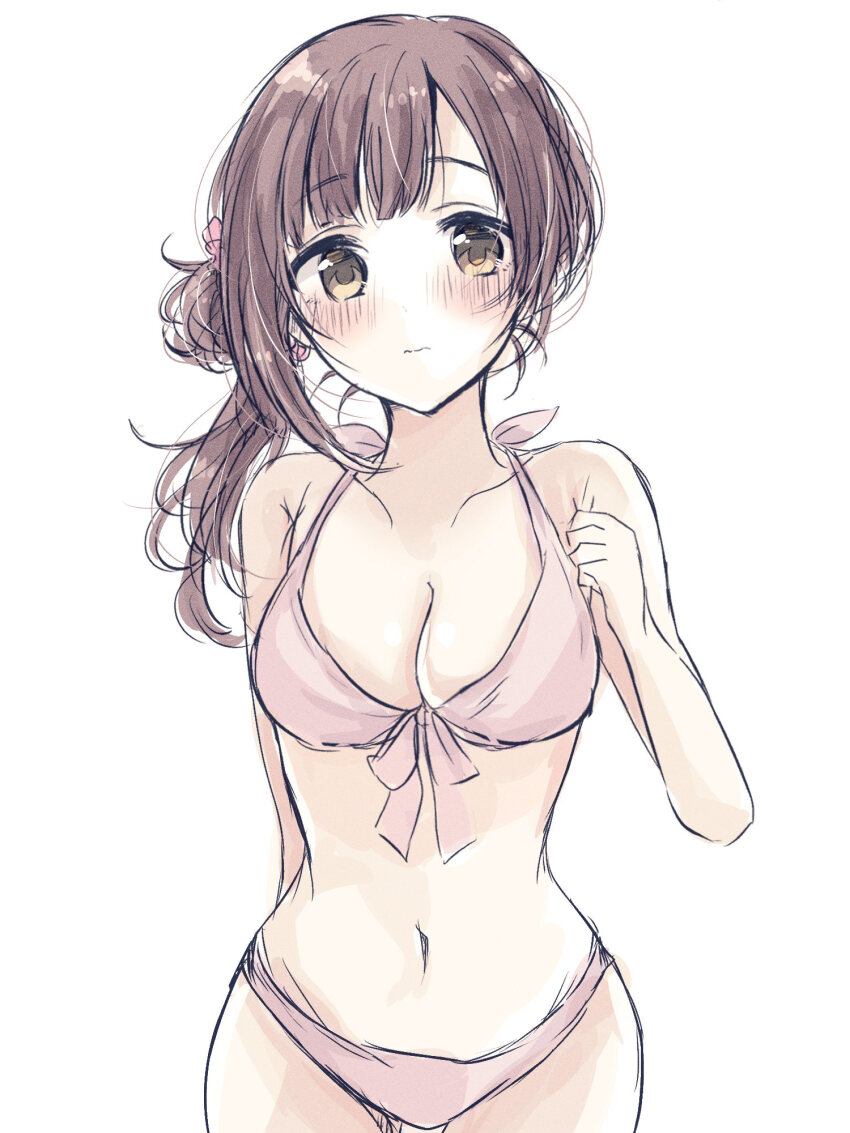 1girl baran._(ba_ra_ran) bikini blush bow breasts brown_eyes brown_hair cleavage collarbone hair_bow hair_ornament highres idolmaster idolmaster_cinderella_girls igarashi_kyoko long_hair looking_at_viewer medium_breasts navel pink_bikini side_ponytail solo swimsuit