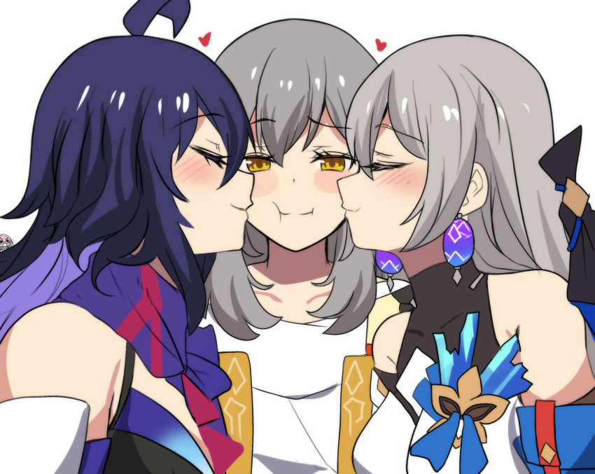 4girls :t absurdres ahoge black_hair blush_stickers bronya_rand cheek_kiss closed_eyes collarbone colored_inner_hair commentary detached_sleeves double_cheek_kiss earrings english_commentary from_side girl_sandwich grey_hair hair_between_eyes hair_ornament heart highres hinghoi honkai:_star_rail honkai_(series) jewelry kiss kissing_cheek long_hair looking_at_another multicolored_hair multiple_girls pink_hair polygamy portrait profile purple_scarf sandwiched scarf seele_(honkai:_star_rail) shirt sidelocks simple_background smile stelle_(honkai:_star_rail) trailblazer_(honkai:_star_rail) turtleneck two-tone_hair white_background white_shirt yellow_eyes yuri