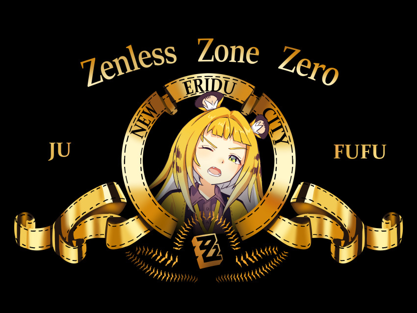 1girl absurdres animal_ear_fluff animal_ears blonde_hair gloves highres jacket ju_fufu leo_the_lion long_hair looking_at_viewer metro-goldwyn-mayer multicolored_hair no_plan_a parody shirt solo striped_fur striped_hair tiger_ears tiger_girl zenless_zone_zero