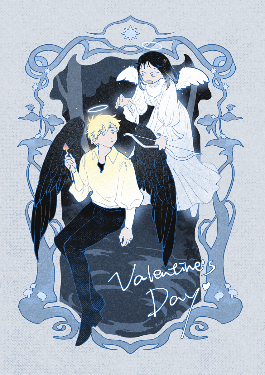 1boy 1girl @_@ alternate_costume angel angel_wings arched_bangs arm_at_side arrow_(projectile) artist_name black_hair black_pants black_undershirt black_wings blonde_hair border bow_(weapon) bush closed_mouth collared_shirt dot_nose dress fallen_angel fantasy feathered_wings floating flower flustered forest frilled_sleeves frills full_body grey_background grey_flower hair_between_eyes halo hand_up highres holding holding_arrow holding_bow_(weapon) holding_weapon invisible_chair iwakura_mitsumi juliet_sleeves leaf legs_together light_blush long_dress long_sleeves looking_at_another mushroom muted_color nature night night_sky open_mouth ornate_border pants plant polka_dot polka_dot_background pond puffy_long_sleeves puffy_sleeves ripples shima_sousuke shirt short_hair simple_background simple_flower sitting skip_to_loafer sky sparkling_eyes star_(sky) star_(symbol) starry_sky straight_hair sunio0202 tree undershirt valentine vines water weapon white_dress white_shirt white_wings wide-eyed wings wispy_bangs yellow_eyes