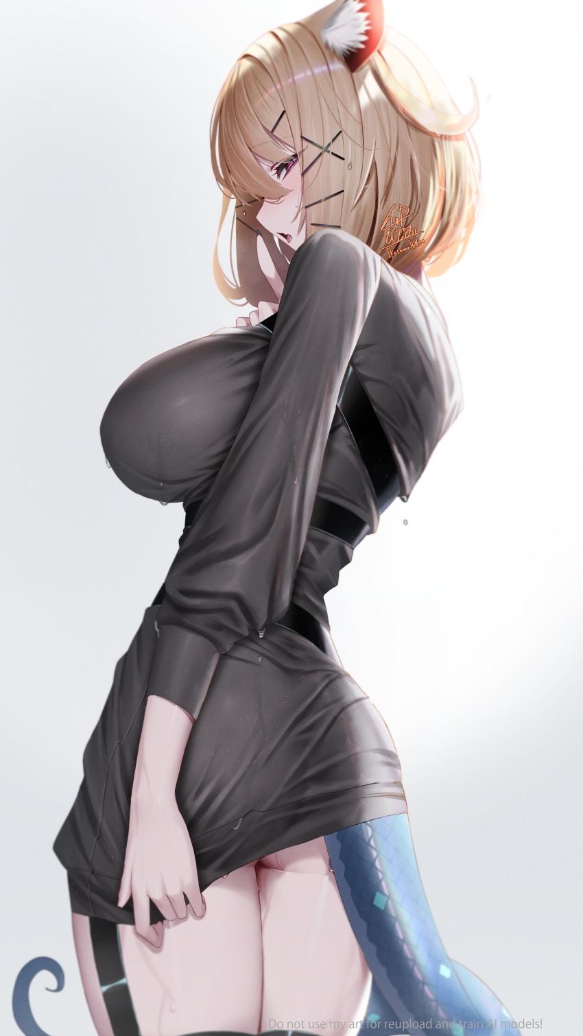 1girl absurdres animal_ear_fluff animal_ears arknights ass black_dress blonde_hair blue_tail commentary cowboy_shot dress finger_to_mouth garter_straps grey_background hair_between_eyes hair_ornament hairclip half-closed_eye highres ikasamahideo index_finger_raised long_sleeves looking_at_viewer open_mouth pink_eyes profile short_dress short_hair shushing solo standing sweat tail utage_(arknights) watermark x_hair_ornament